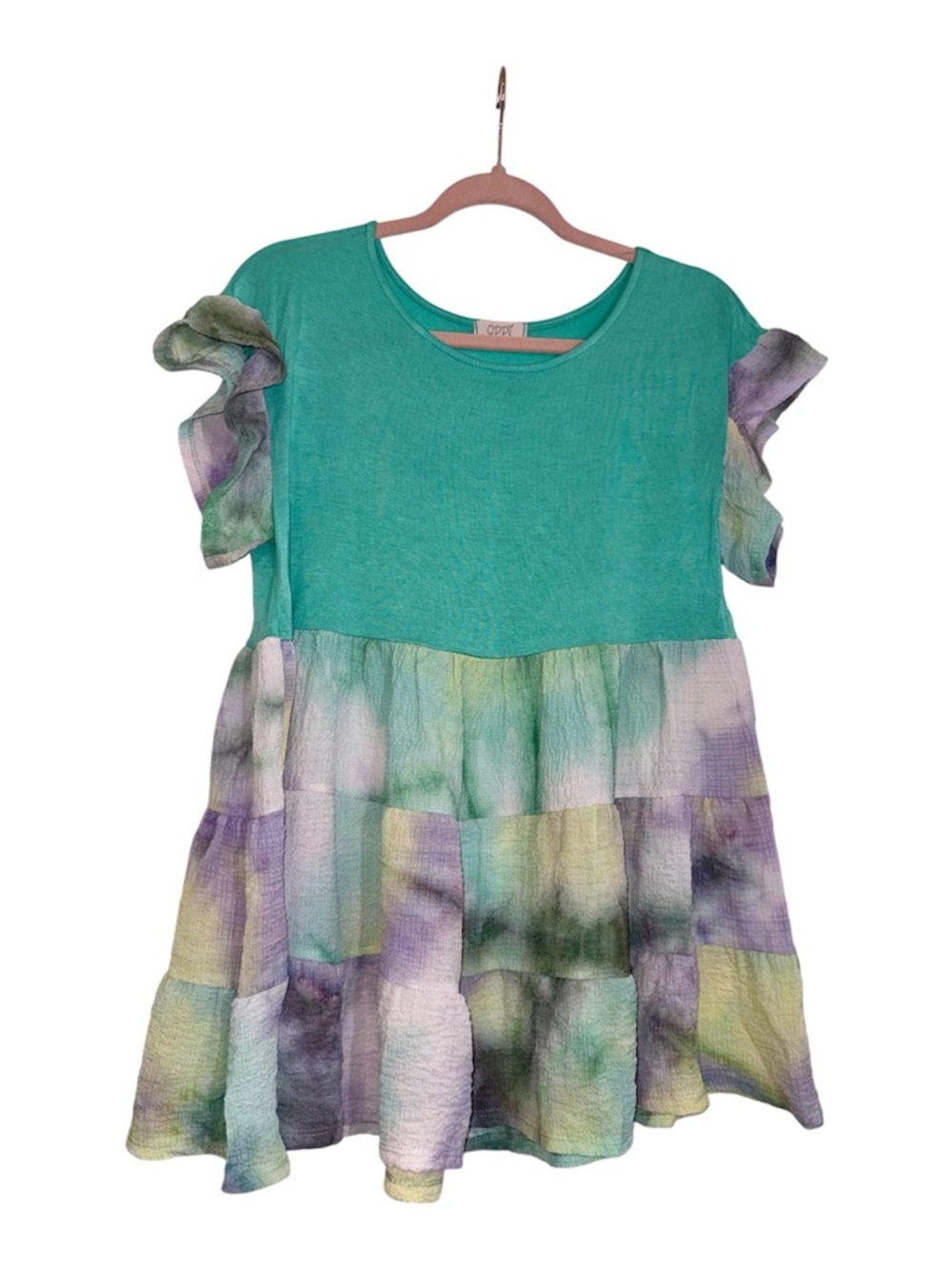 ODDY Mint Top with Pastel Tie-Dye Tiered Ruffle Design • SMALL • Worn Once • EUC